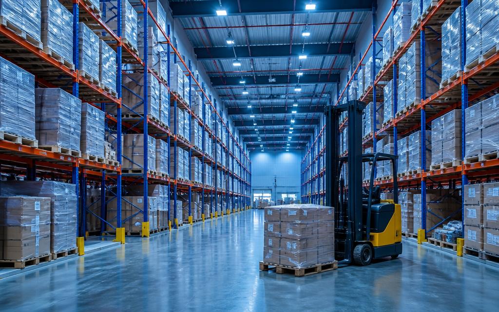Interior de centro de distribuição moderno com racks