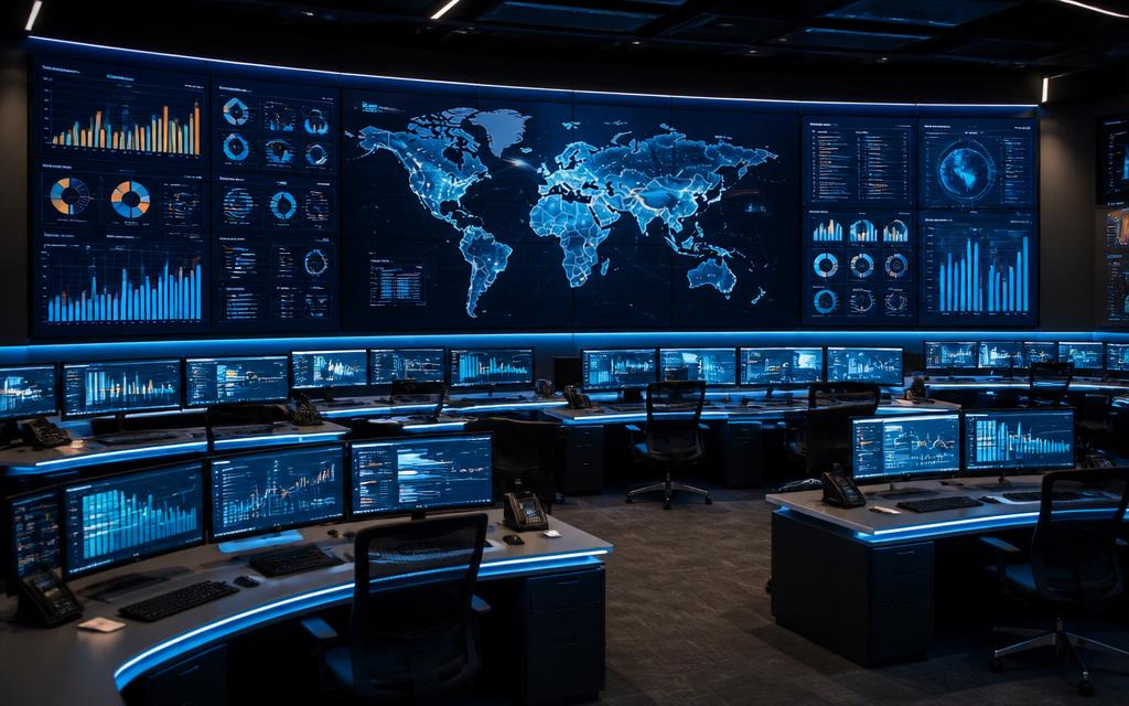 Sala de controle logística com telas e KPIs