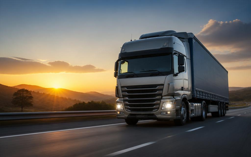 Carreta em rodovia ao amanhecer