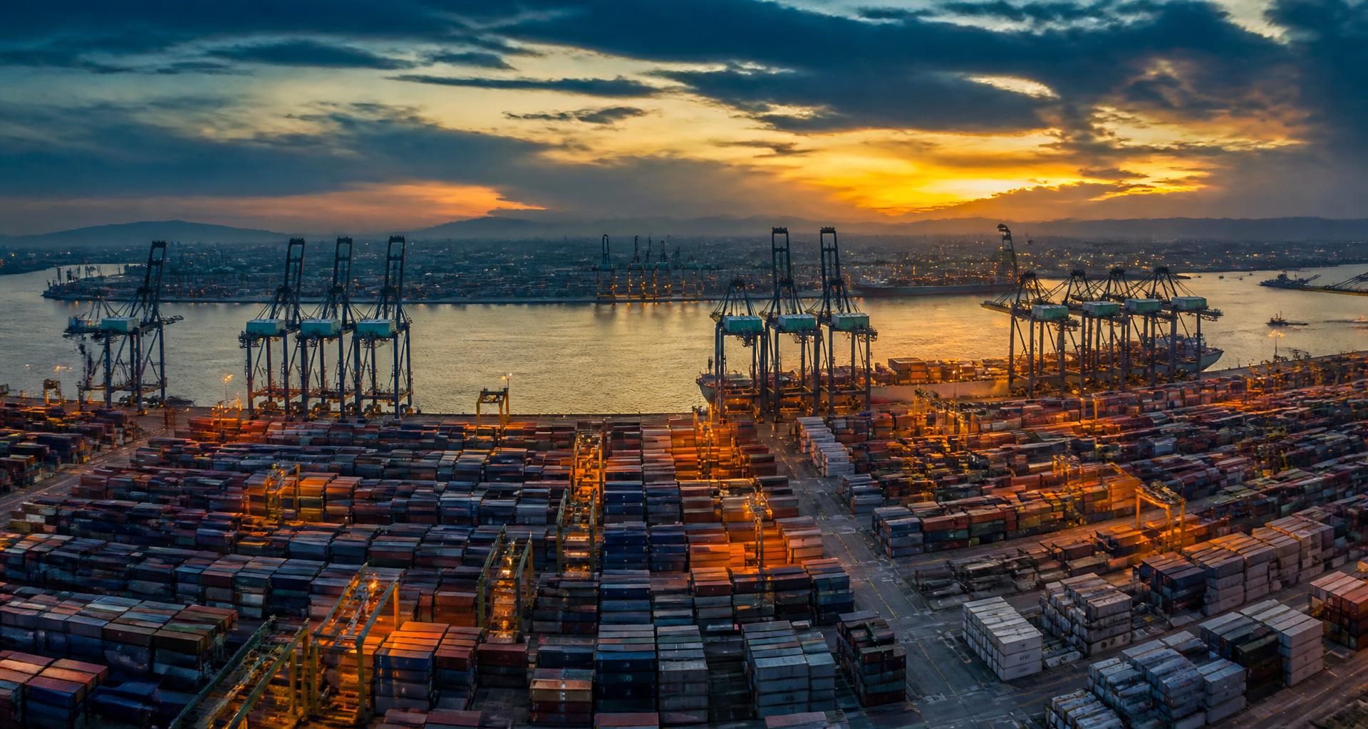 Vista aérea do Porto de Santos ao entardecer com contêineres e guindastes